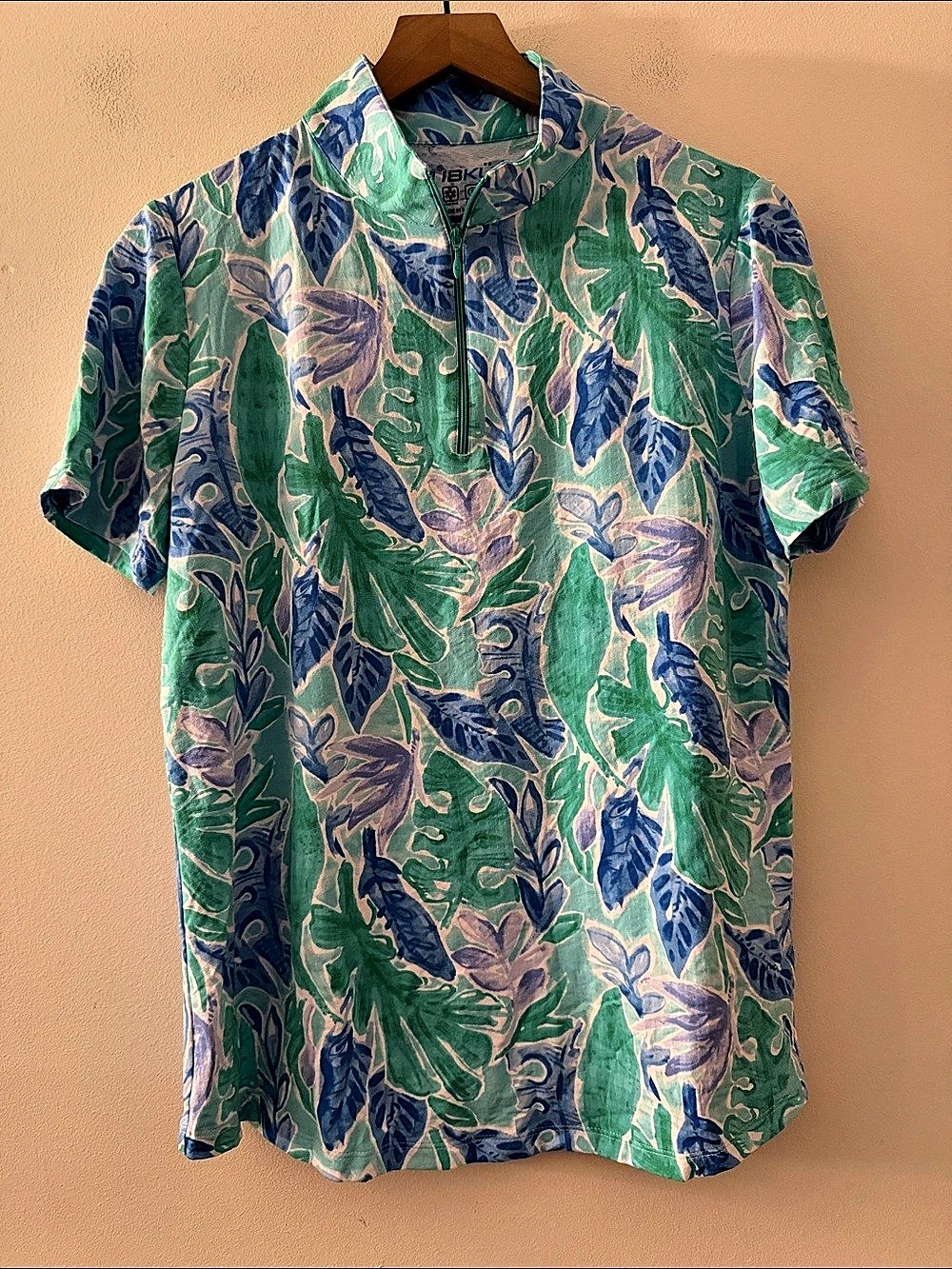 IBKUL Short Sleeve Zip Mock Neck Top Green & Blue Large